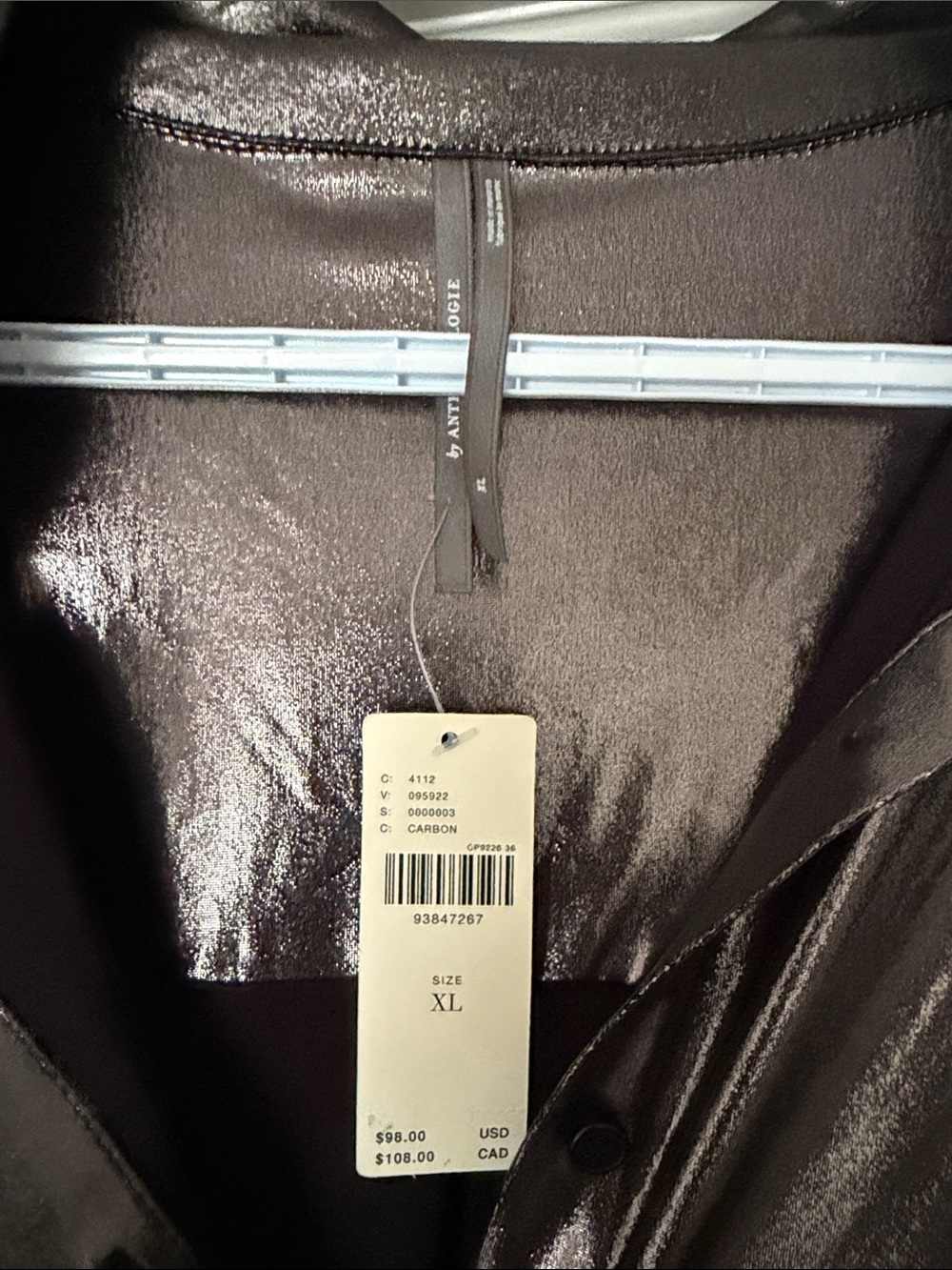 Anthropologie Shiny Metallic Black/Silver Button-Down Blouse - Picture 2 of 3